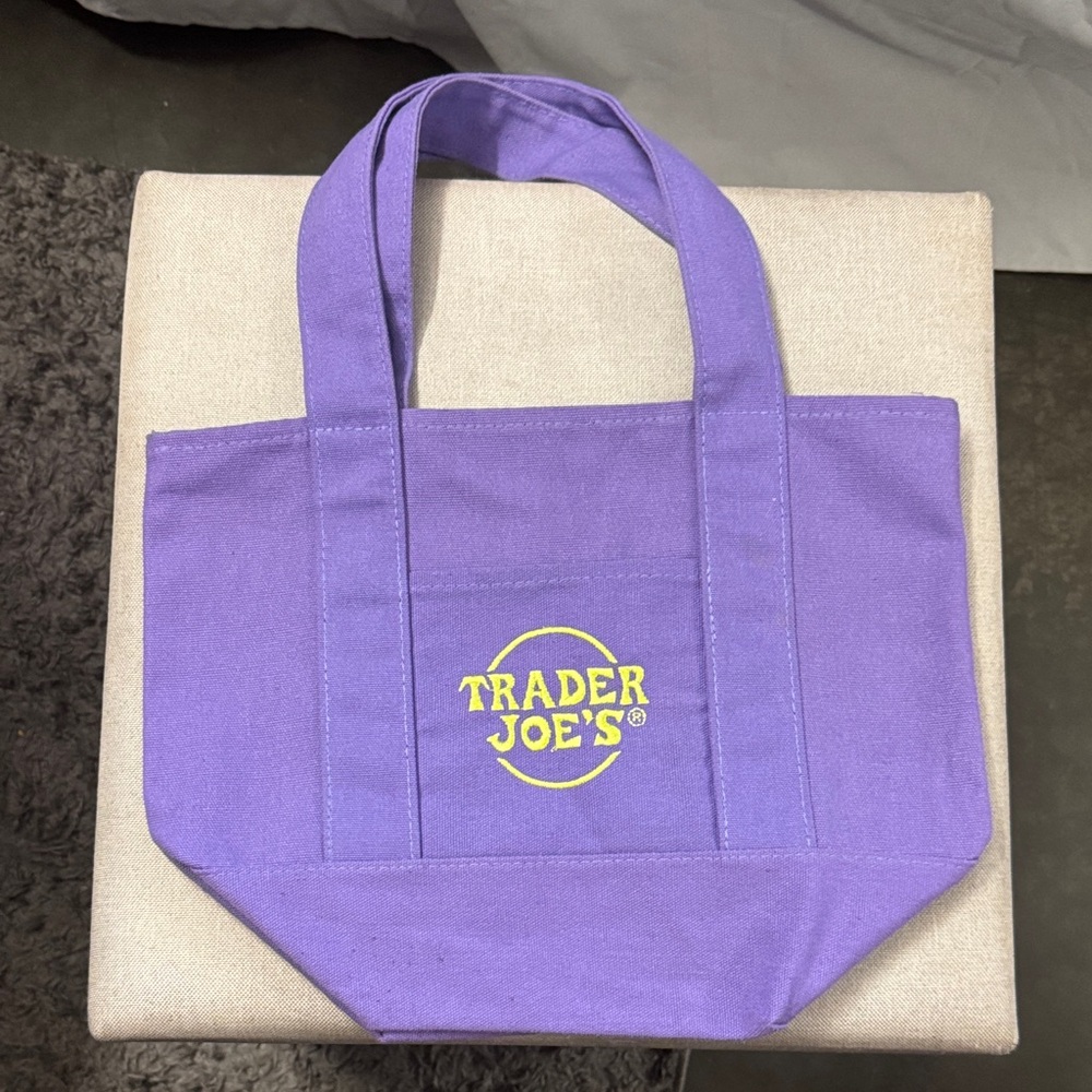 Trader Joe's mini Purple Canvas Tote with Yellow Logo